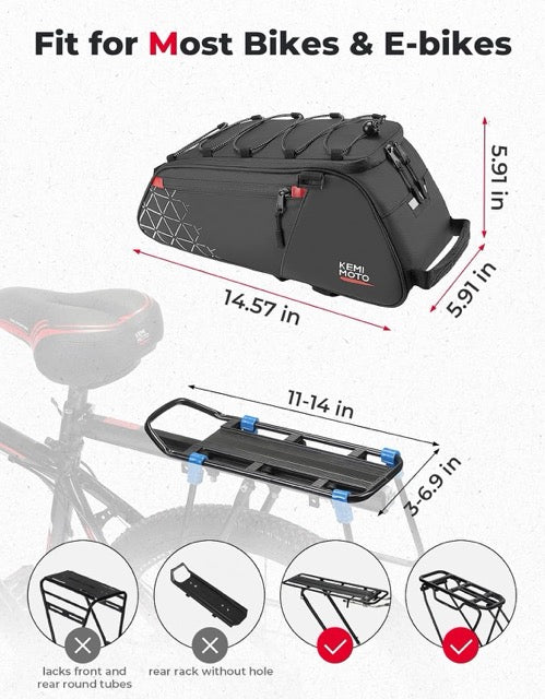 KEMIMOTO Rear Bike Rack Bag - 8L PVC Water Resistant